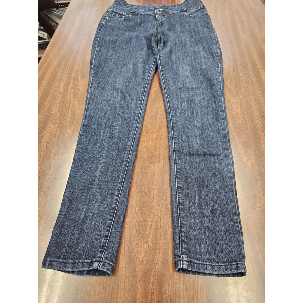 21 Black Womens 12 Dark Wash Jeans Straight Leg Button Detail Stretch Denim
